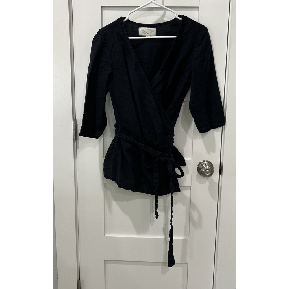 Pavietra Linen Blouse Wrap Tie Sz L Black VGUC